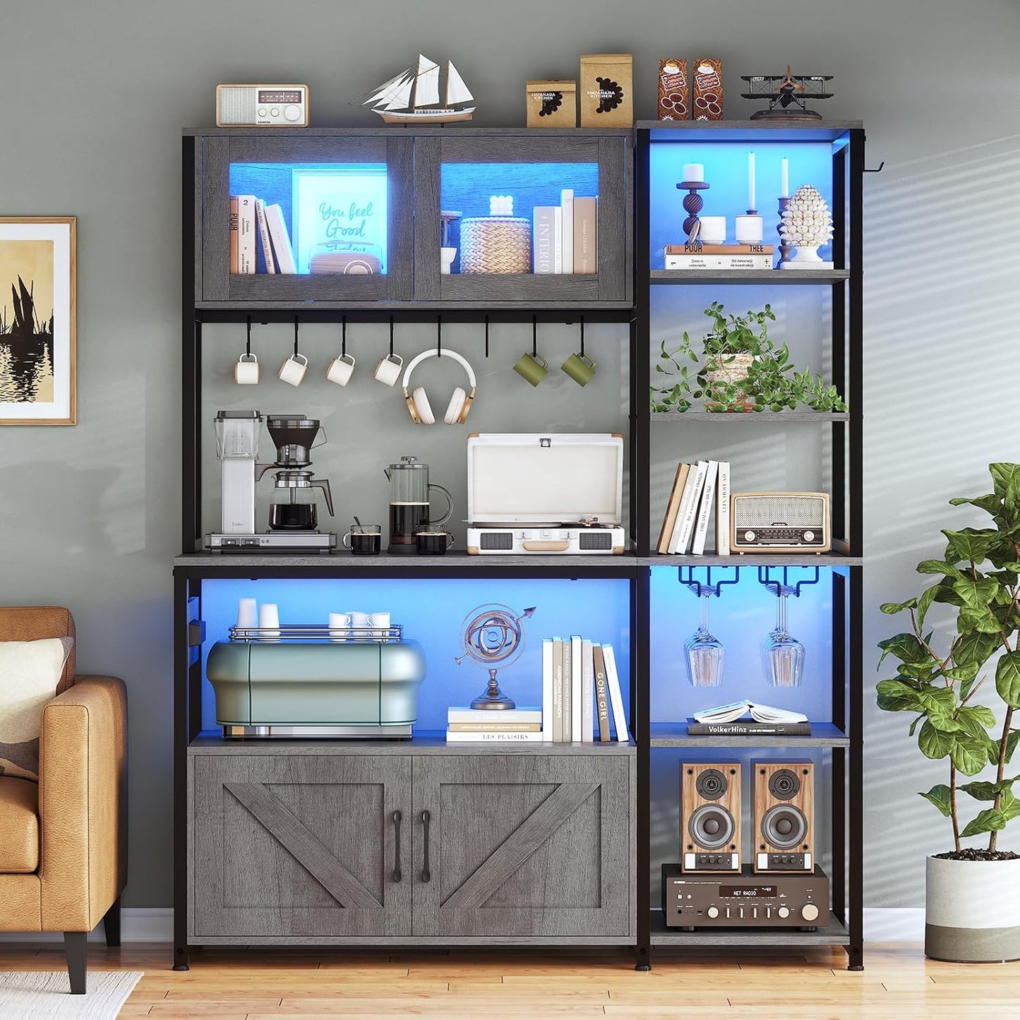 Itaar Bakers Rack with Power Outlet and LED Light, 45.3 Inch Farmhouse Coffee Bar Cabinet, Kitchen Microwave Stand with Storage, Glass Cabinet, Goblet Holder and 8 Hooks (Grey)