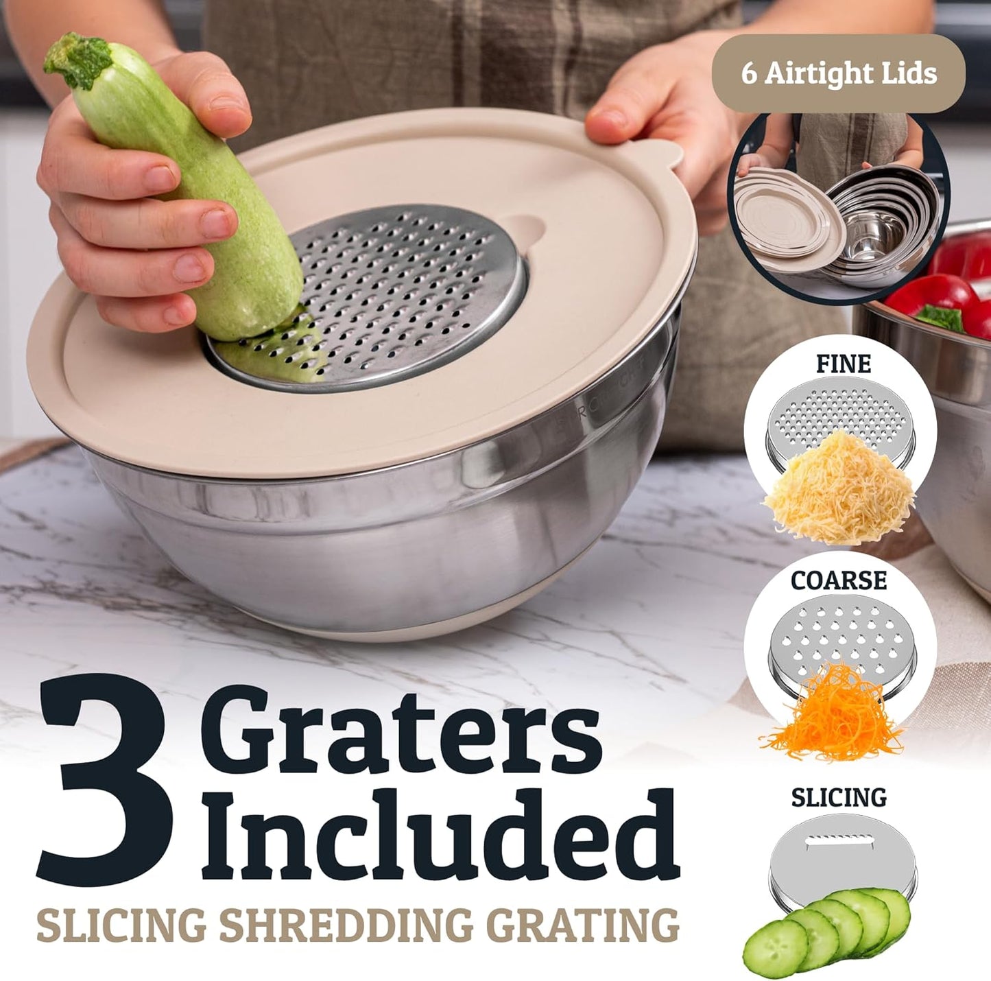 Priority Chef Stainless Steel Mixing Bowls with Lids Set - Premium 30Pcs with 6pc Metal Bowl Set for Kitchen, 3 Graters, Airtight Lids, Non-Slip Bases & Silicone Utensils, Khaki