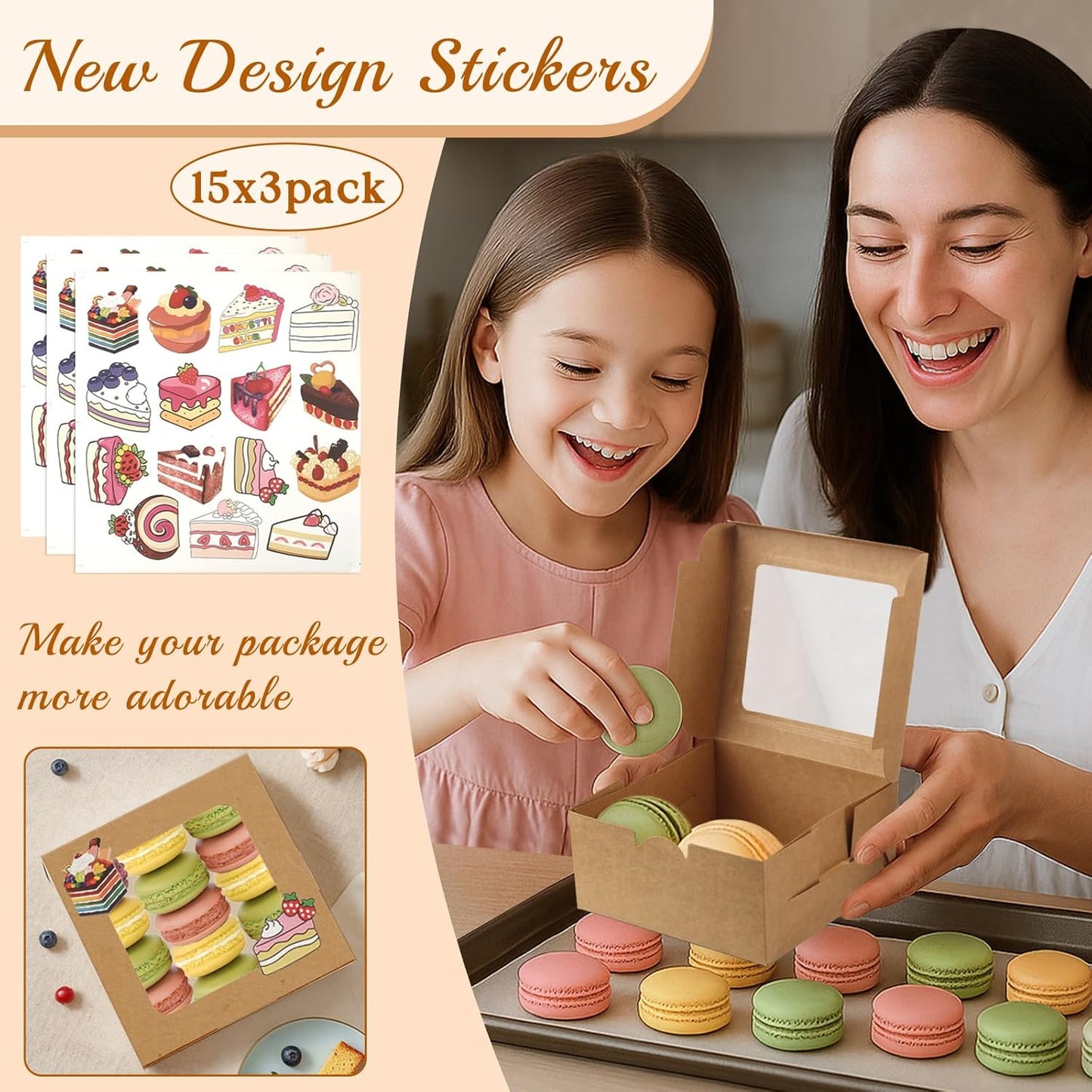 OAMCEG 30 Pack Cookie Boxes with Window, 6x6x3 Inches Brown Bakery Treat Boxes with Stickers & Twine for Pastry, Desserts, Strawberries, Cupcakes, Gift Giving