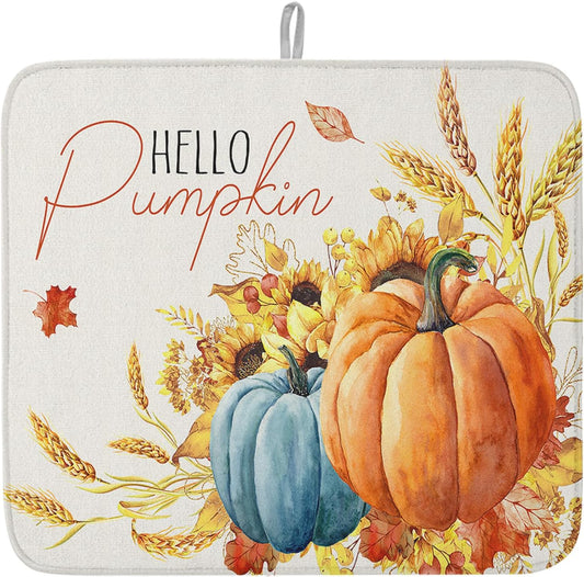 Fall Dish Drying Mat for Kitchen Counter Hello Pumpkin Drying Pad Absorbent Drying Mats for Countertops Sinks Draining Racks Sunflower Ears of Wheat Drainer Holiday Harvest Thanksgiving Decor 16x18