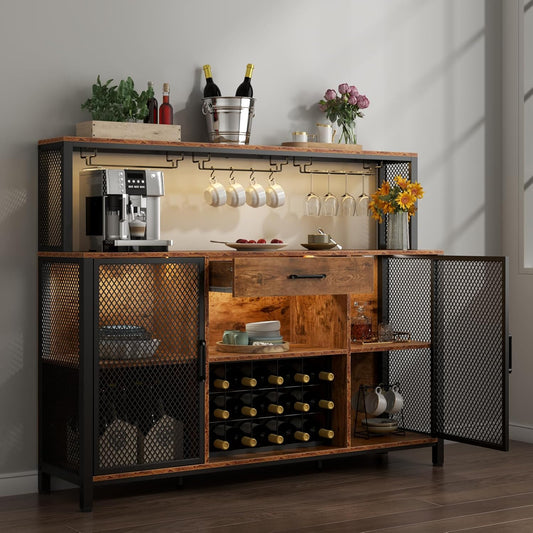 Wine Bar Cabinet with Drawer and LED Lights, 55 Inches Industry Coffee Bar Cabinet with Wine Rack and Glass Goblet Holder, Kitchen Sideboard Buffet Cabinet for Liquor and Goblet