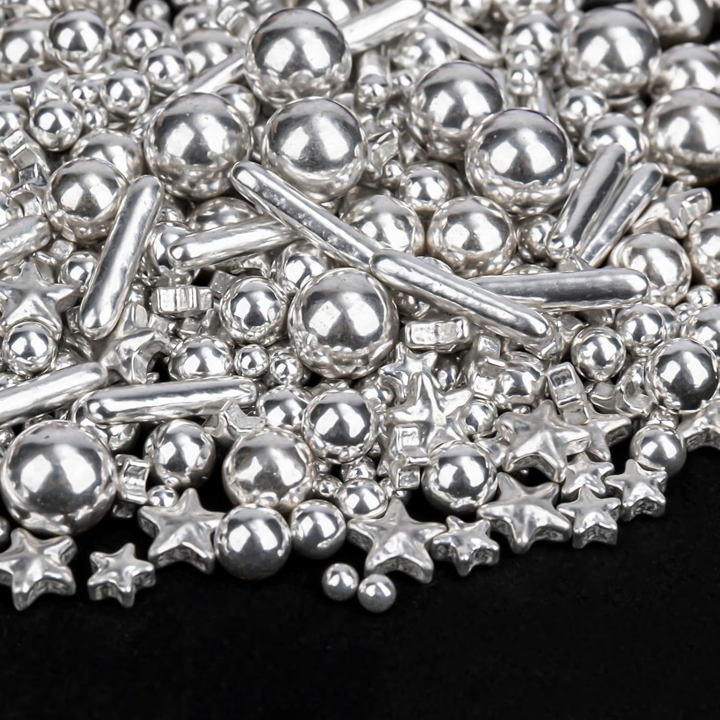 Twisweet Silver Pearl Rods Star Sprinkles, Edible Sugar Sprinkles for Cake Decorating, Mix Size Candy Pearls for Baking Cake Topper Ice Cream Cupcake Cookie Dessert Decorations, Wedding Valentines Birthday Christmas Easter Supplies (130g/4.58oz)