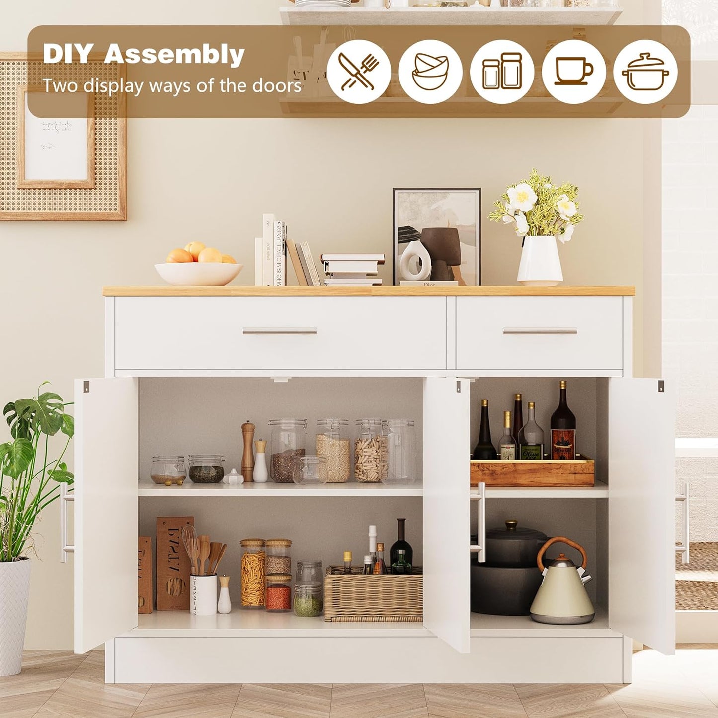 Vongrasig Buffet Cabinet with Drawers, 43” Coffee Bar Cabinet Farmhouse Kitchen Buffet Storage Cabinet with 3 Doors, Wood Buffet Table for Kitchen Living Room,White