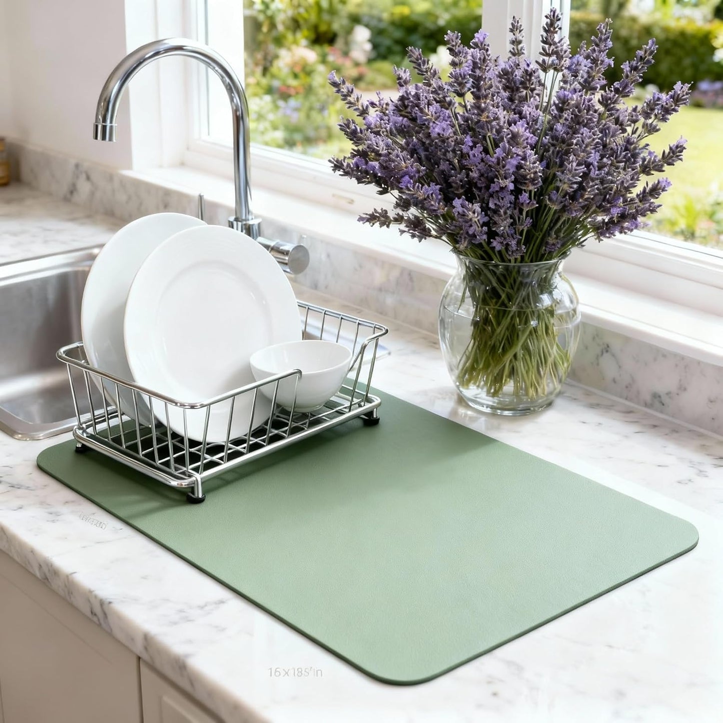 Dish Drying Mat Super Absorbent – 16" x 18" Coffee Mat for Countertops – Non-Slip Drying Mat for Kitchen Counter – Easy to Clean Water Absorbent Mat – Quick Dry Dish Mats (Sage)