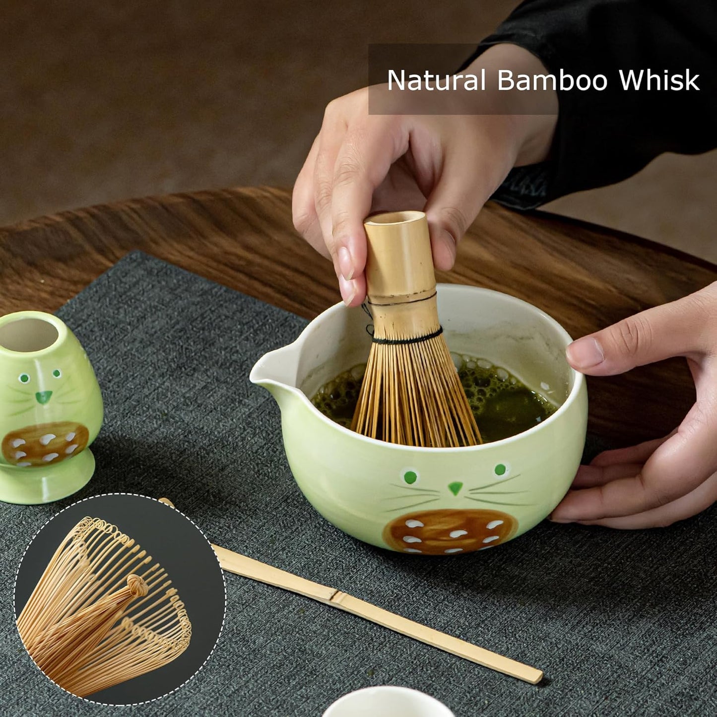 Green Matcha Set -Cute Cat Matcha Kit Includes Ceramic Bowl, Whisk and Holder, Bamboo Scoop - 6 Pcs Matcha Whisk Set for Matcha Lovers