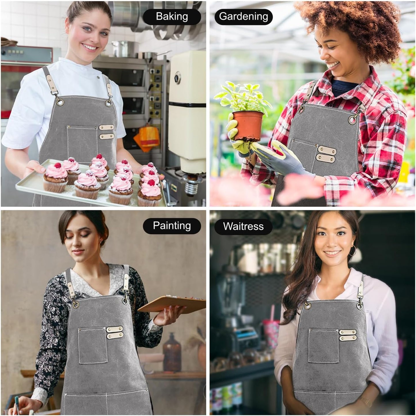 Cotton Canvas Cross Back Apron for Art Painting Garden Chef Bartender Work,Women Men 3 Pockets Waterproof Adjustable M-XXL