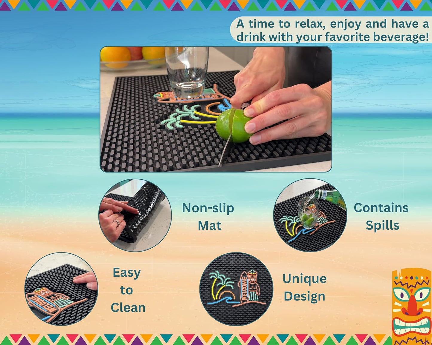 Tiki Bar Mats for Countertop 18 x 12 Tiki Bar Decor Mat Unique Tiki Man Warrior Design with Surfboard Welcome Greeting Tiki Decor, Outdoor Tiki Bar Sign and Luau Party Decorations