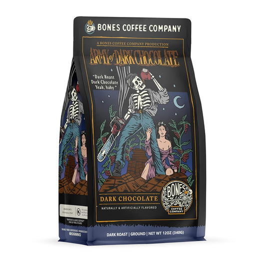 Bones Coffee Company Army of the Dark Chocolate Flavored Coffee, Medium Roast Low Acid Arabica Beans Compatible with Auto drip and French Press Coffee Maker, 12 Oz Ground