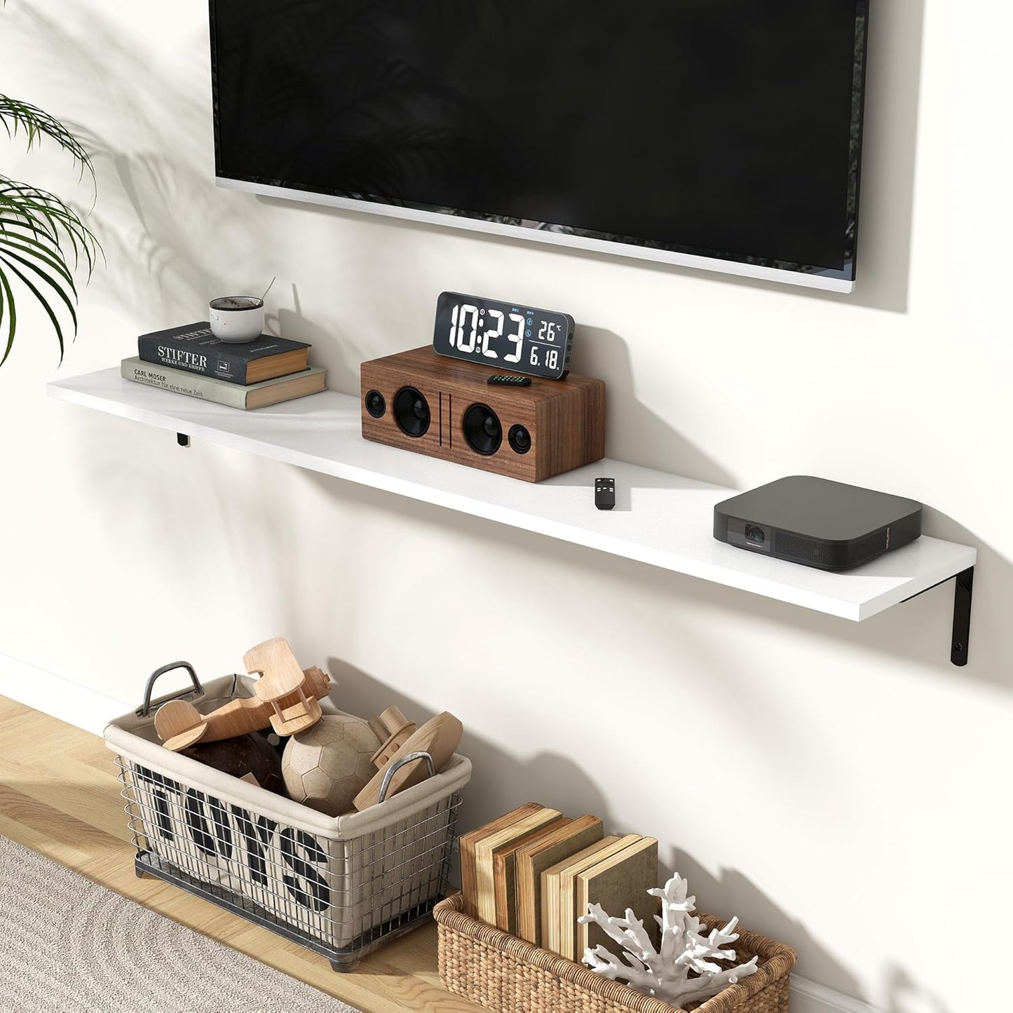 Fun Memories Deep Floating Shelves, 55W x 8D Floating Shelves Set of 2, Wall Mounted Shelf with Metal Brackets, Rustic Wood Wall Shelf for Bathroom, Kitchen and Living Room, White