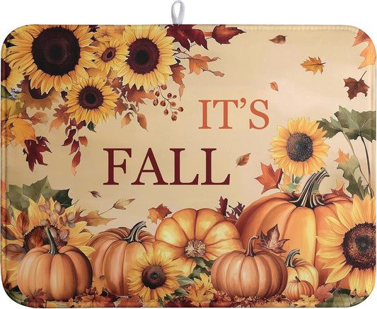 Fall Orange Pumpkins Dish Drying Mat Maple Leaves Autumn Large Kitchen Mats Dish Drying Pad Absorbent Dish Dryer Mat for Kitchen Countertops Microfiber Drainer Pad Dish Drying Mats (18x24 in)