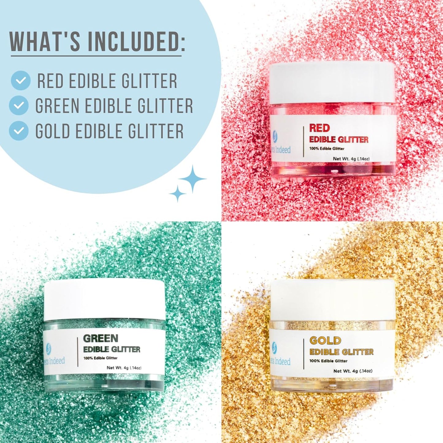 Sweets Indeed Edible Glitter, Perfect for Drinks, Cocktails, Beverages & Cake Decorating, Dessert Cake Topper, 4 grams, 3 Pack (Christmas) (Christmas) (Christmas)