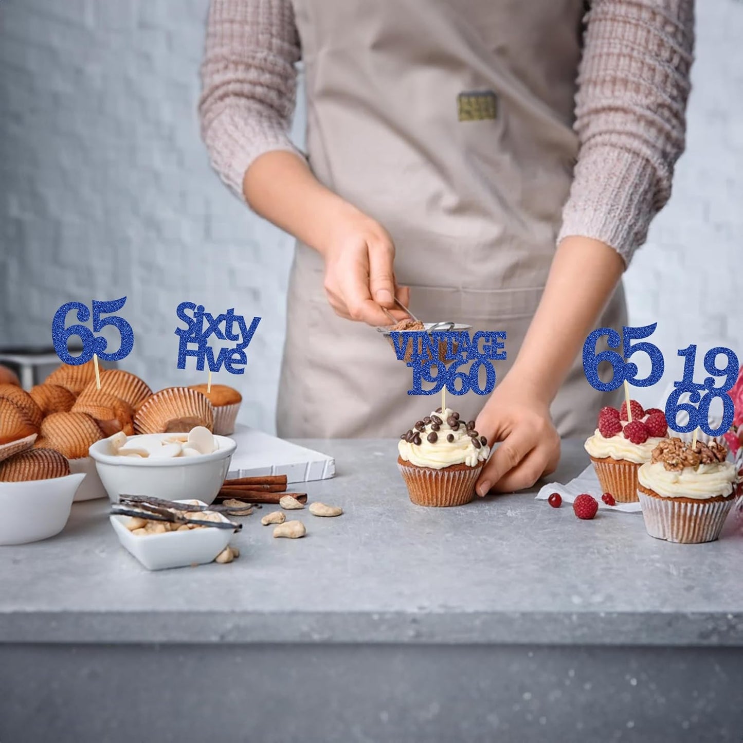 Gyufise 24Pcs Vintage 1960 Cupcake Toppers Glitter Cheers to 65 Fabulous Sixty Five Cupcake Picks 65th Birthday Wedding Anniversary Party Cake Decorations Supplies Deep Blue