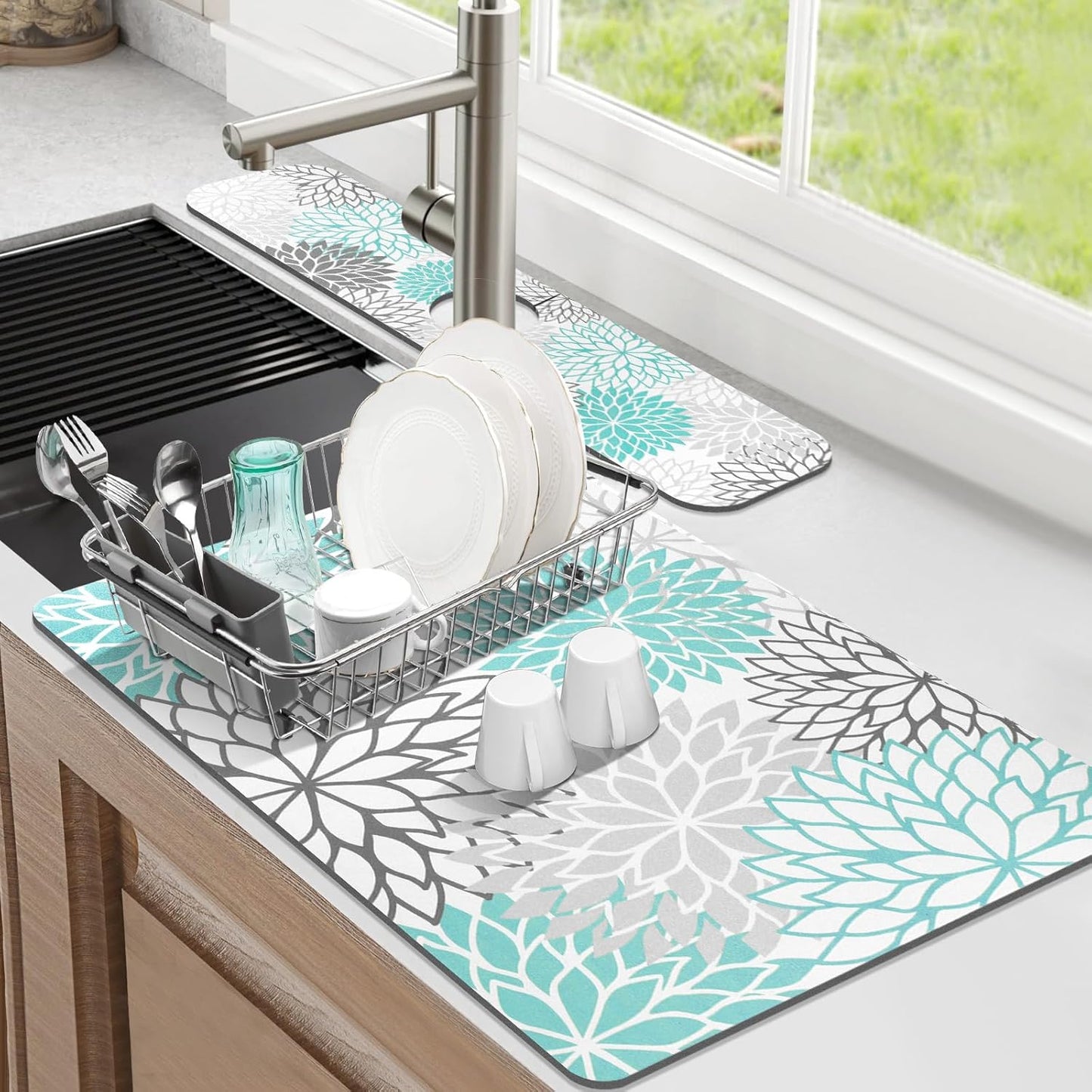Findosom 2PCS 12" x 20" Dish Drying Mat & 24" x 5.5" Sink Splash Guard, Super Absorbent & Cuttable Dish Mat Drying Kitchen Mat with Teal Floral, Hide Stain Drying Mat for Kitchen Counter