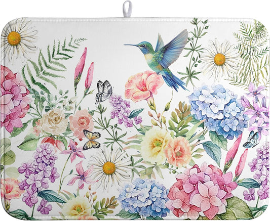 Spring Floral Birds Dish Drying Mat Summer Butterfly Flowers Kitchen Dish Drying Pad Daisy Absorbent Dish Dryer Mat for Kitchen Countertops Microfiber Dishes Drainer Pad (18x24 in)