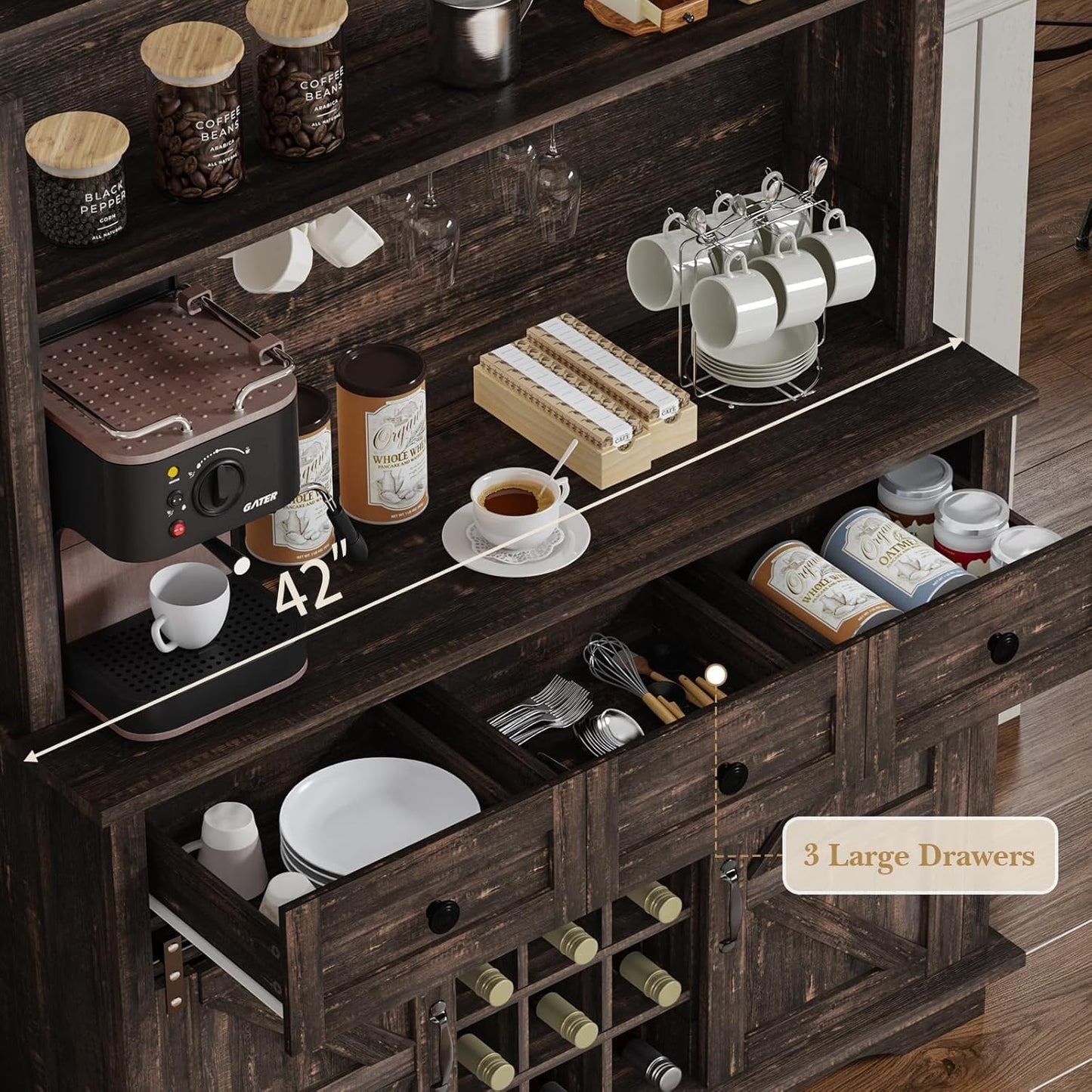 63 Inch Tall Coffee Bar Cabinet with 3-Tier Storage, Kitchen Hutch with 3 Drawers, Farmhouse Coffee Bar with 9 Racks & 3 Glass Holders, Wine Bar Cabinet for Living Dining Room, Oak