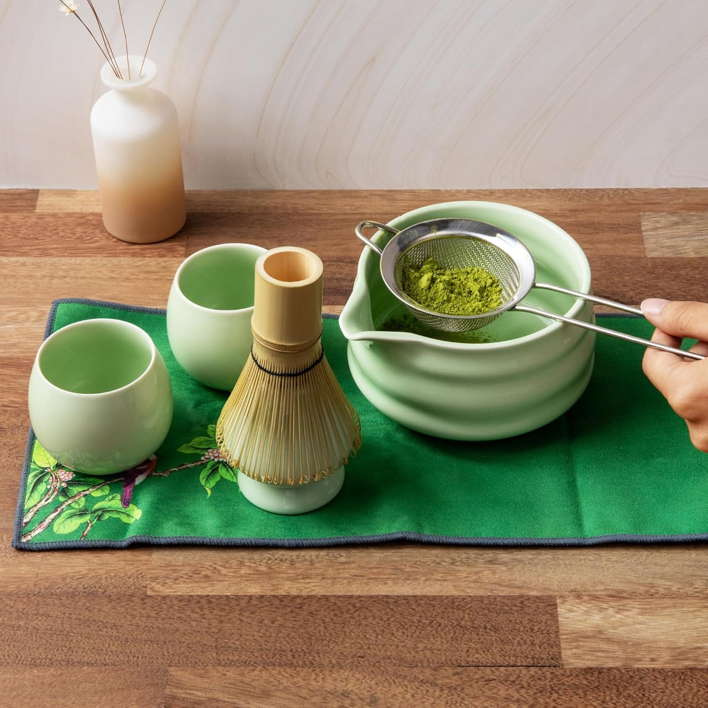 Marce Matcha Whisk Set- Matcha Set includes Matcha Whisk and Bowl (Bowl with Spout), Sifter, Holder and Scoop- The Perfect Bamboo Whisk for Matcha Tea (Green- 7PC)