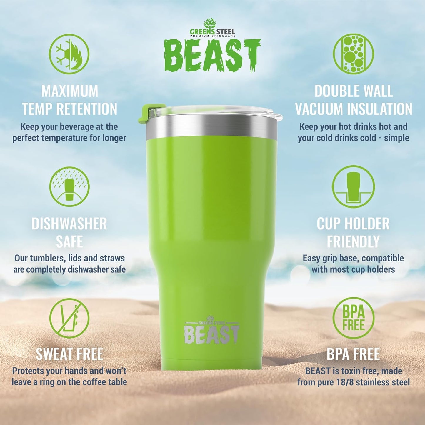 Beast 30 oz Tumbler Stainless Steel Vacuum Insulated Coffee Ice Cup Double Wall Travel Flask (Lemongrass Green)