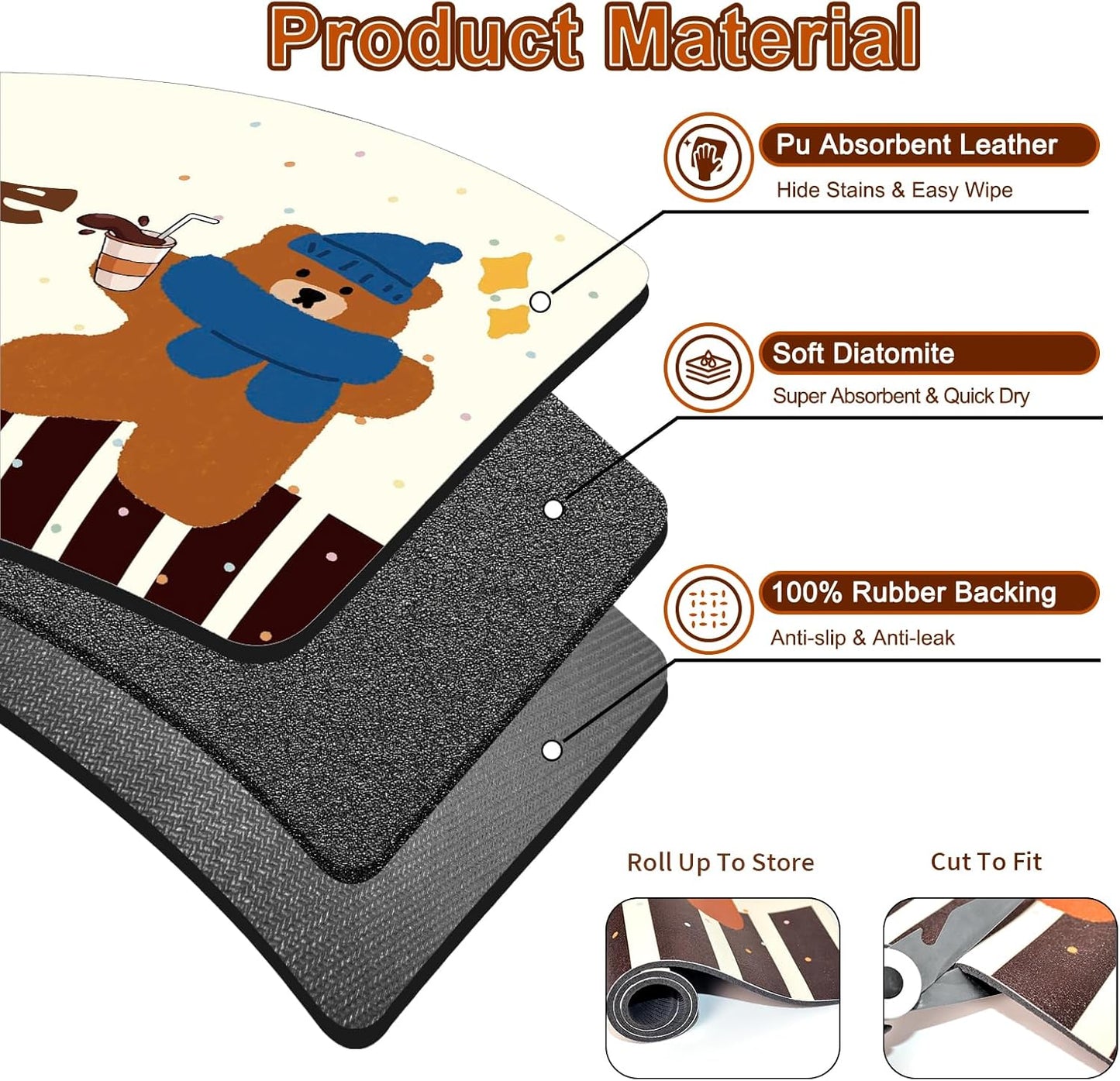 Coffee Bar Mat for Countertop, 17" X 28” Super Absorbent Dish Drying Mat, Large Kitchen Counter Mats Fits Under Coffee Maker, Non-slip Espresso Machine Pad, Bear Coffee