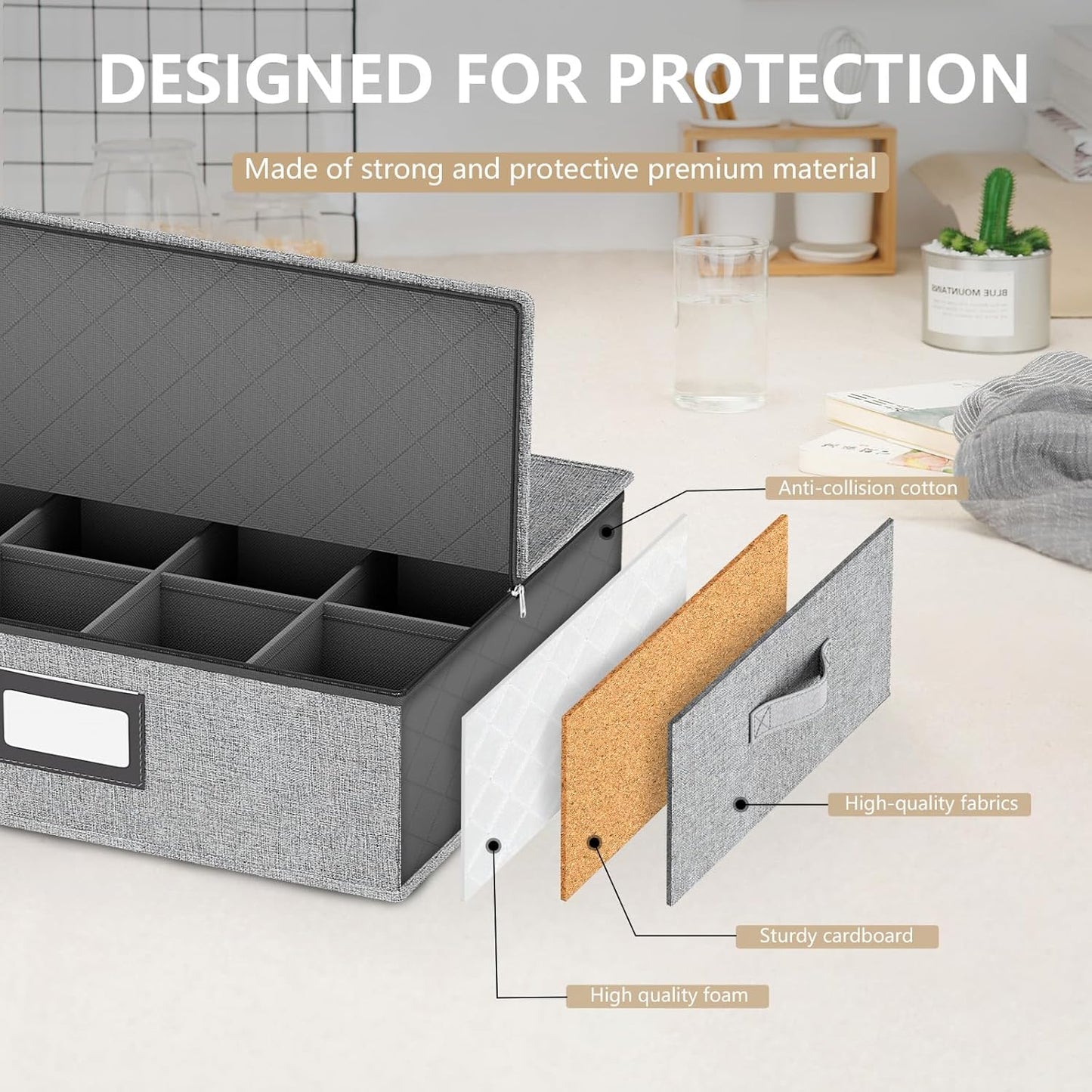 homyfort Coffee Mug Storage Box with Dividers, Durable China Storage Containers for Coffee Mugs, Tea Cups Storage Organizer with Lid, Handles, Label Window, Holds 24 Mugs, Hard Shell and Stackable