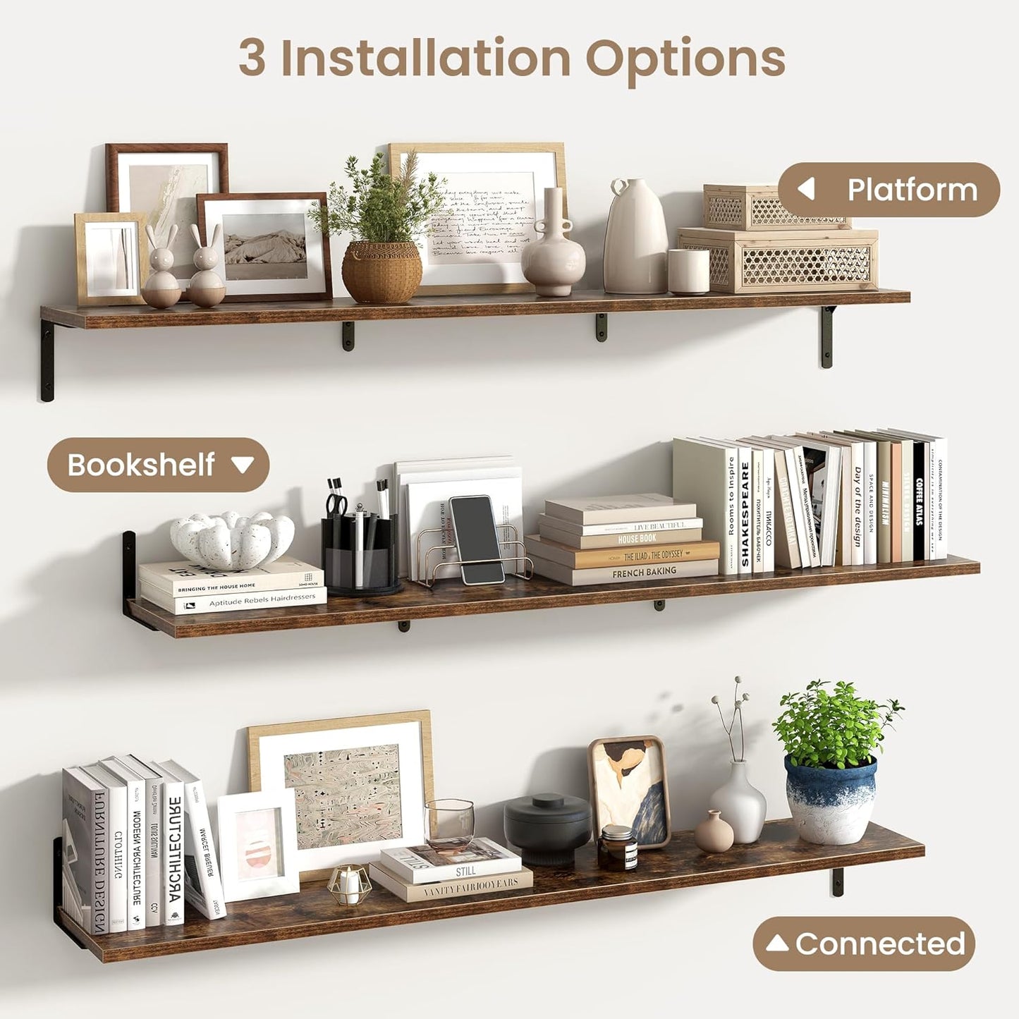 Fun Memories Deep Floating Shelves, 55W x 8D Floating Shelves Set of 2, Wall Mounted Shelf with Metal Brackets, Rustic Wood Wall Shelf for Bathroom, Kitchen and Living Room, Rustic Brown