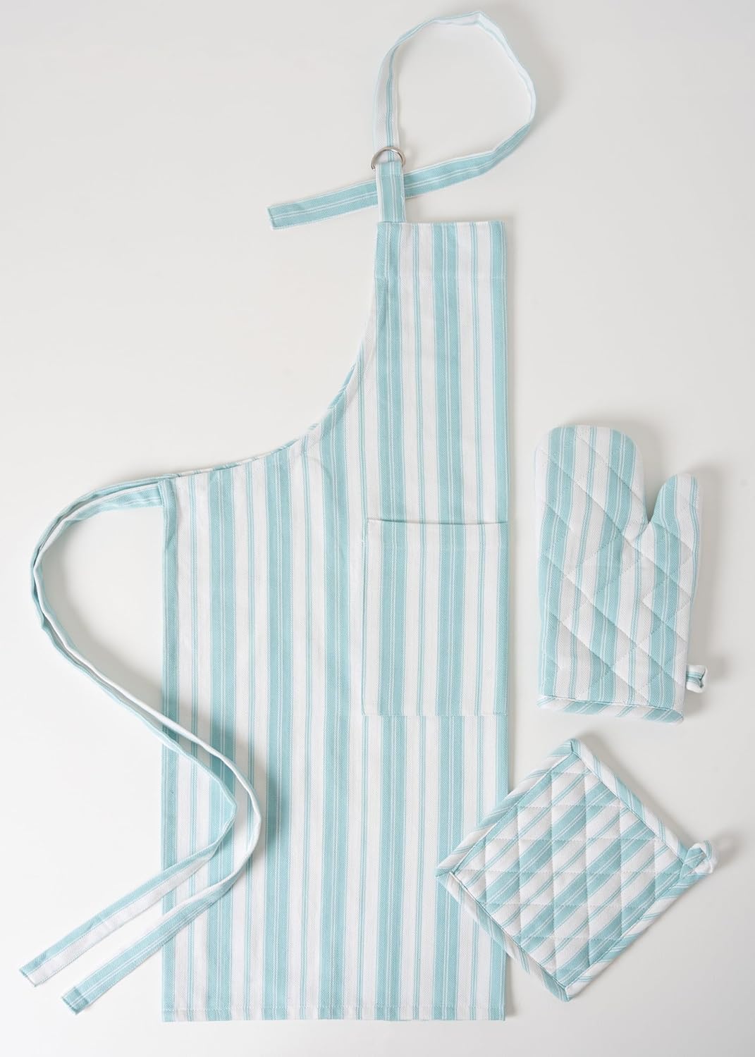 1 Oven Mitt, 1 PotHolder & 1 Kitchen Apron Set - Durable Heat Resistant Gloves - Thick Mittens for Kitchen - Suitable for Cooking, Baking, Grilling – Men & Women – Light Blue Stripes