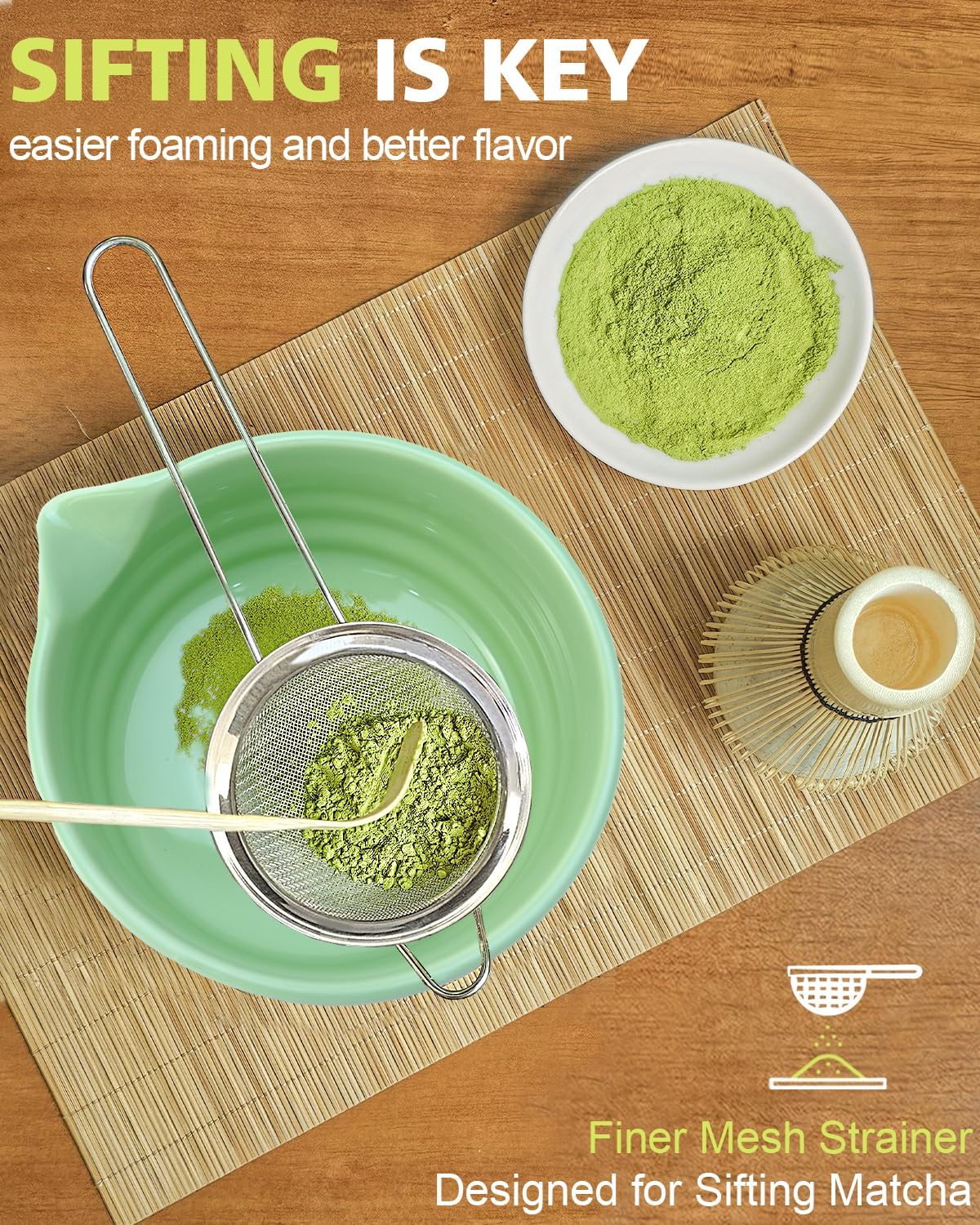 Matcha Whisk Set with Matcha Bowl, Matcha Whisk Holder Matcha Bamboo Whisk, Scoop, Sifter, Unique Gifts for Women Men Girl Friend Home Kitchen Decor（Light Green）
