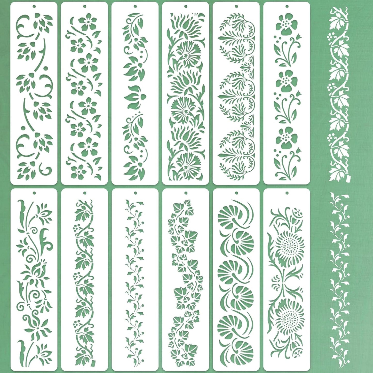 12 Pcs Large Flower Border Stencils for Painting, Reusable Plastic Floral Edge Baking Decorating Vine Stencil Tool, Painting Templates for DIY Cake Wood Wall Tile Furniture Canvas Craft, 3" x 11.8"