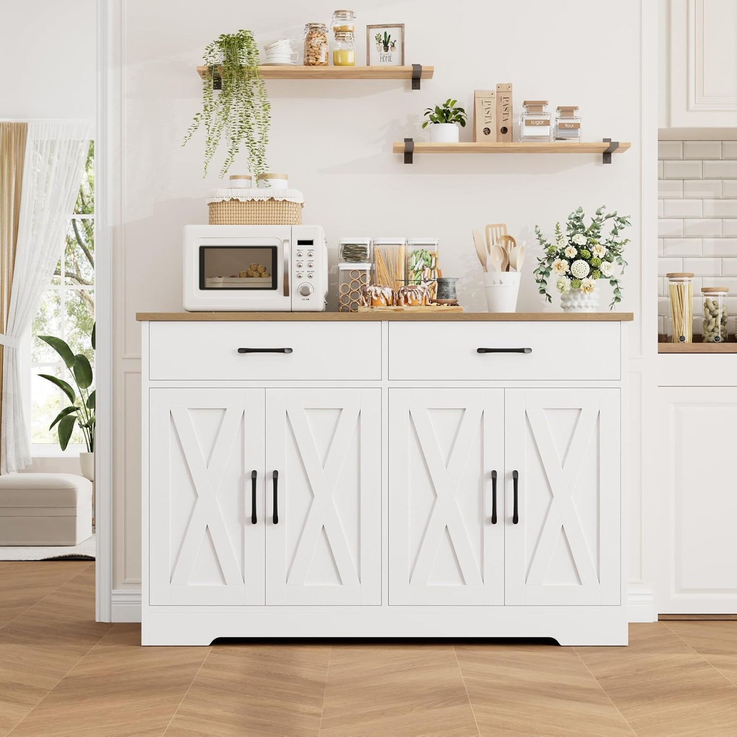 HOSTACK Buffet Cabinet with Storage, 47.2" Kitchen Sideboard Buffet with Drawers, Modern Farmhouse Coffee Bar Station with Shelves, Barn Doors Storage Cabinet for Living Room, White/Rustic Brown