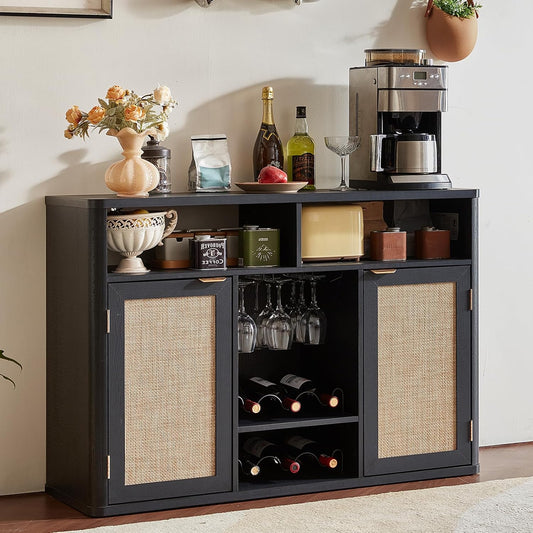 Lerliuo 47.2" Rattan Wine & Liquor Cabinet with 2 Doors, Boho Farmhouse Coffee Bar Station, Built-in Wine Racks & Storage, Adjustable Shelves for Living Room, Dining Room, Kitchen, Black