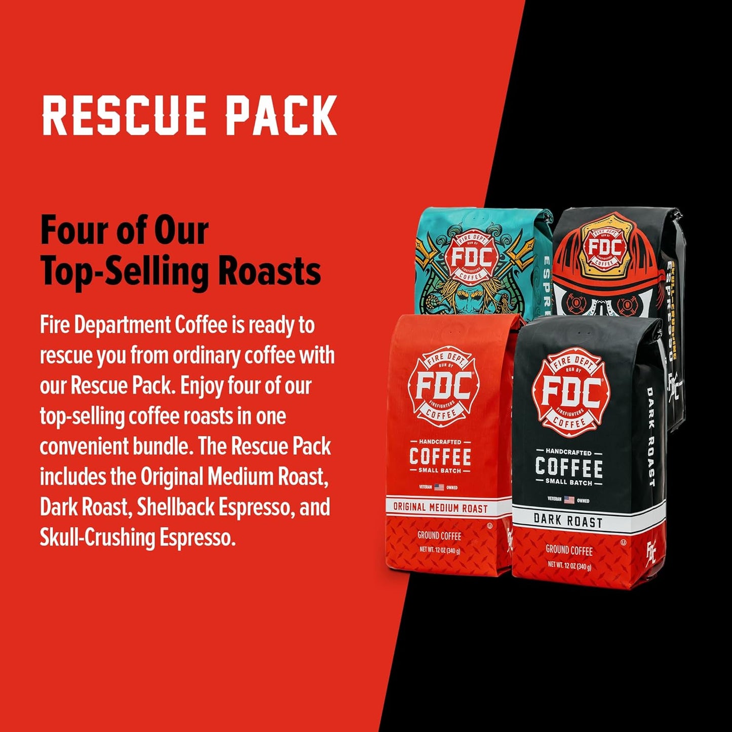 Fire Department Coffee - Gives Back to Firefighters - Rescue Variety Pack - Ground Coffee - Medium, Dark, Shellback Espresso, & Skull Crushing Espresso - Veteran Owned (12 oz, Pack of 4)