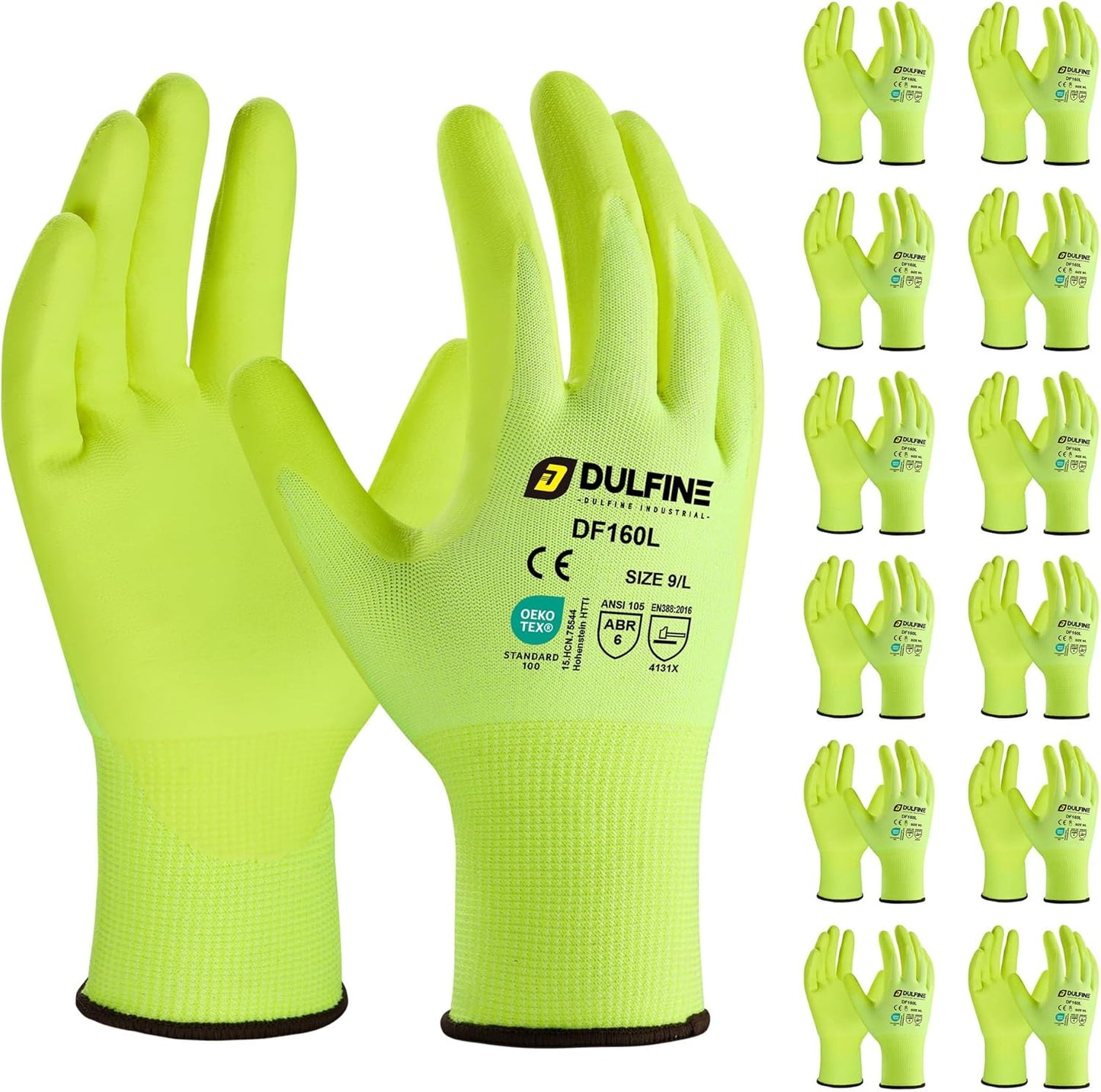 DULFINE Work Gloves for Men and Women,Hi-Vis Yellow Knit Nylon Glove with MicroFoam Nitrile Coated-12 Pairs Pack,Ideal for General Purpose,Automotive,Home Improvement,Painting(XX-Large)