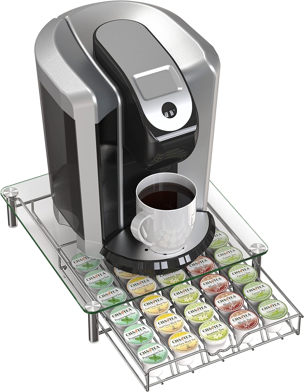 Deco Brothers Crystal Tempered Glass K-Cup Holder Drawer for 30 Coffee Pods Storage, Chrome