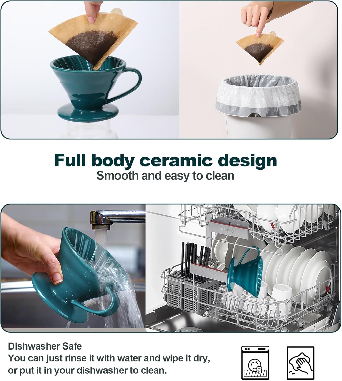 Pour Over Coffee Dripper - Ceramic Pour Over Coffee Maker Cone, Porcelain Coffee Drip, Pour Over Single Cup, Manual Brew Maker for Home, Cafe, Office - 1-4Cup, V60 Size 02 (Dark green)