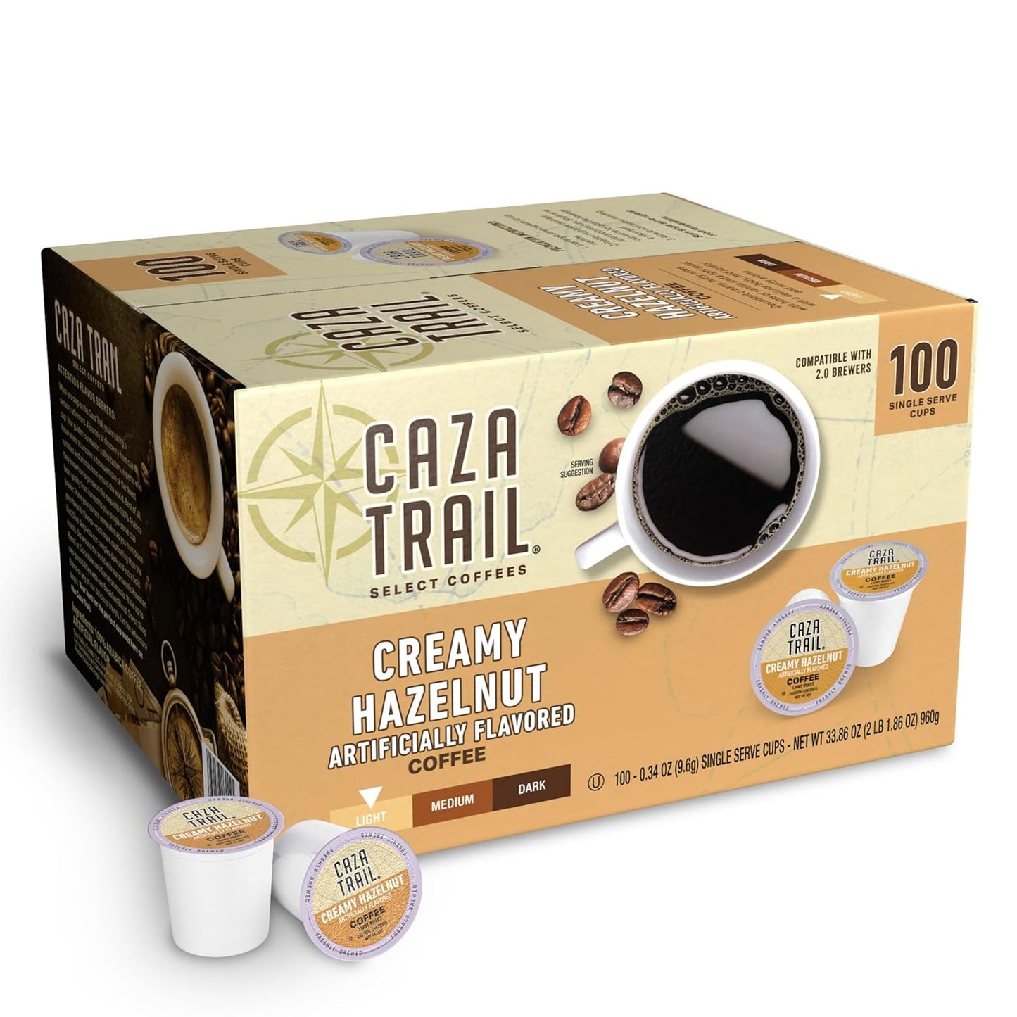 Caza Trail Coffee Pods, Creamy Hazelnut, Single Serve 100 Count (Pack of 1)(Packaging May Vary)