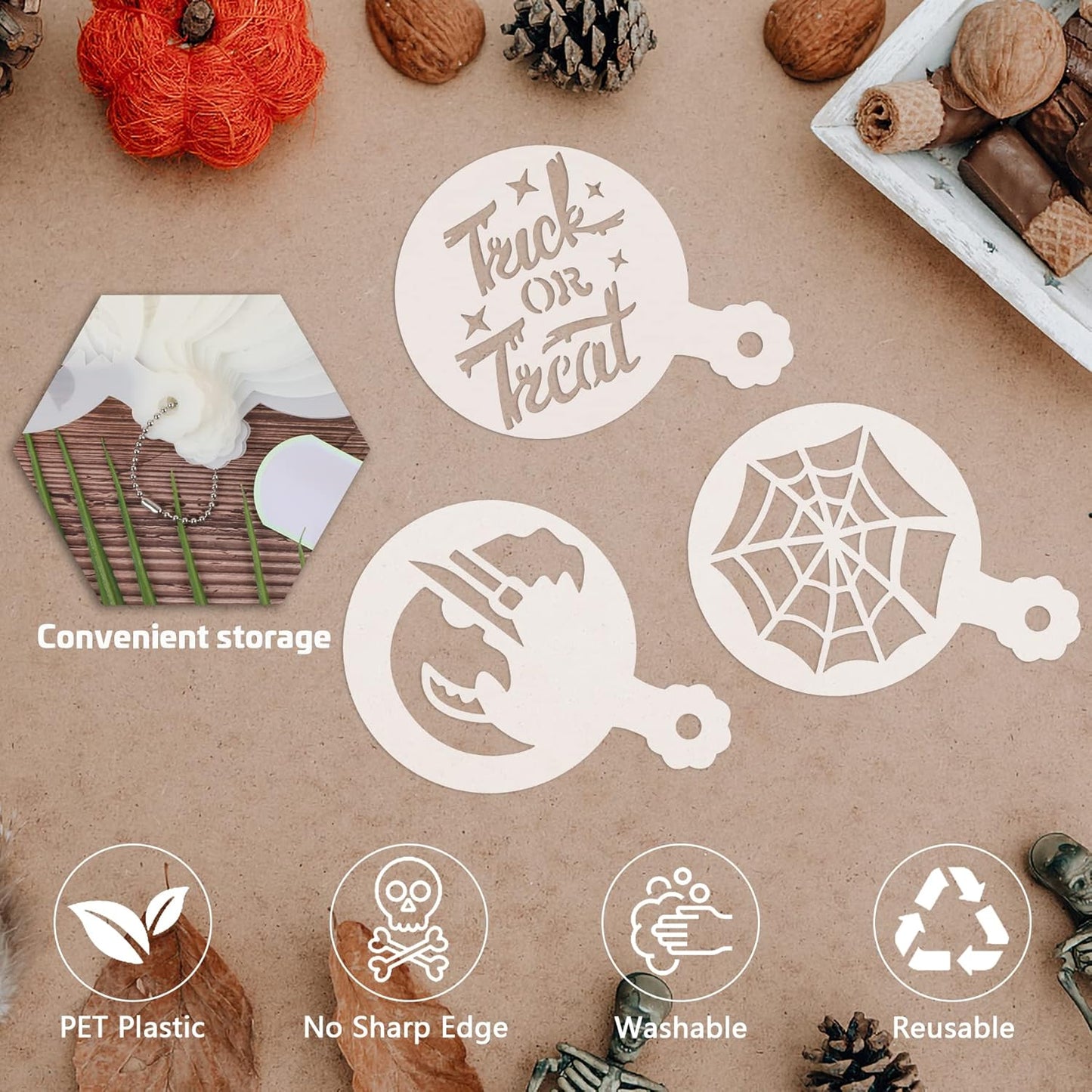 JULBEAR 36 Pieces Reusable Halloween Cake Cookie Stencils Templates Mold Tools for Cookies DIY Holiday Baking Painting Dessert Craft Coffee Decoration