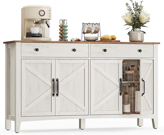 VASAGLE LIRY Collection - Buffet Cabinet, Coffee Bar Cabinet with 2 Drawers, Adjustable Shelves, Sideboard Storage with Cable Holes, Drawer Dividers, Rustic White and Honey Brown UBBK381W01