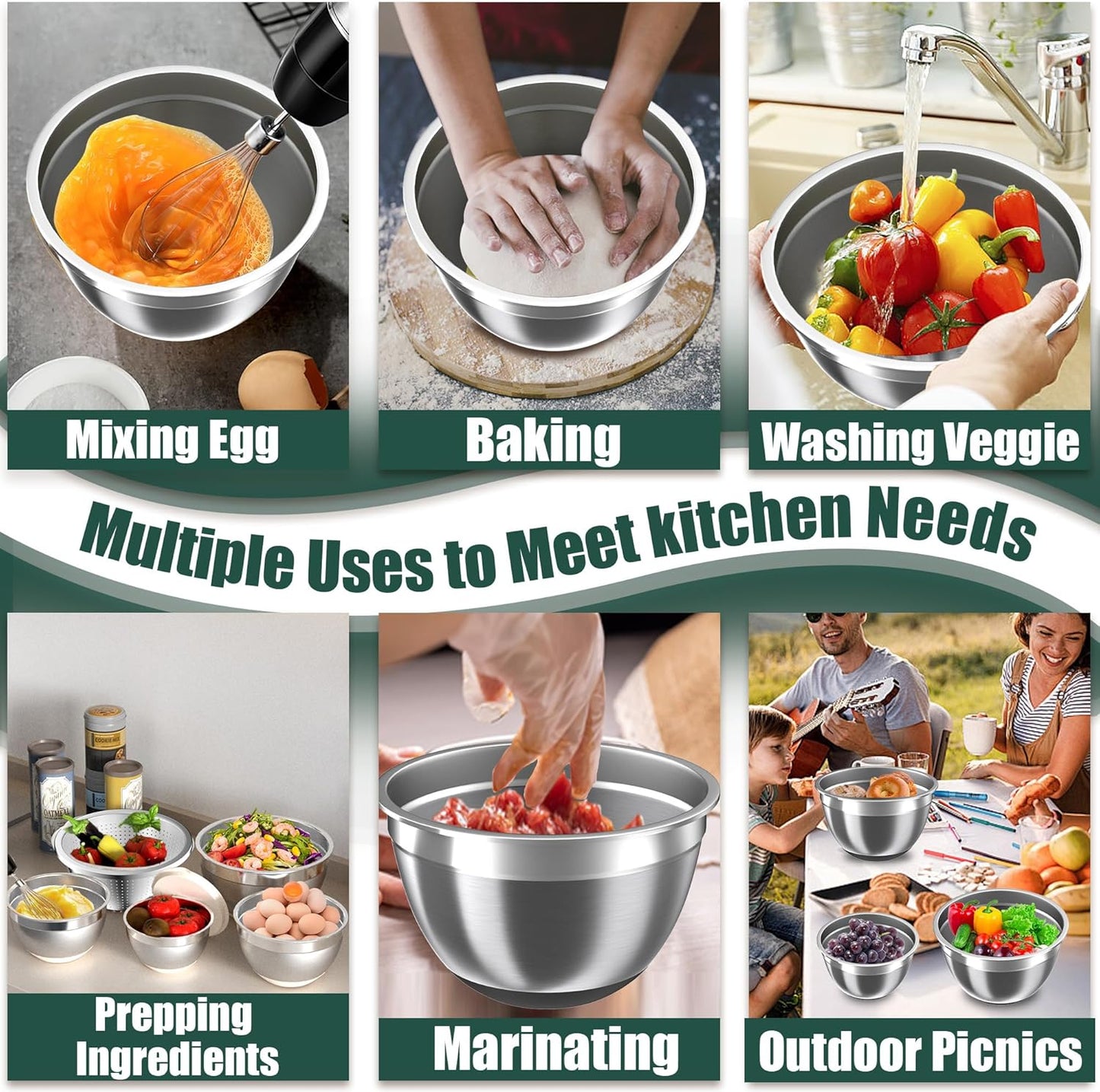 Mixing Bowls with Airtight Lids Set, 4 Stainless Steel Bowls Nesting Bowls & Colander, Kitchen Organizers and Storage Non-Slip Bottom, Size 1.5/2.0/2.5/4.5QT, Great for Mixing & Serving, Black