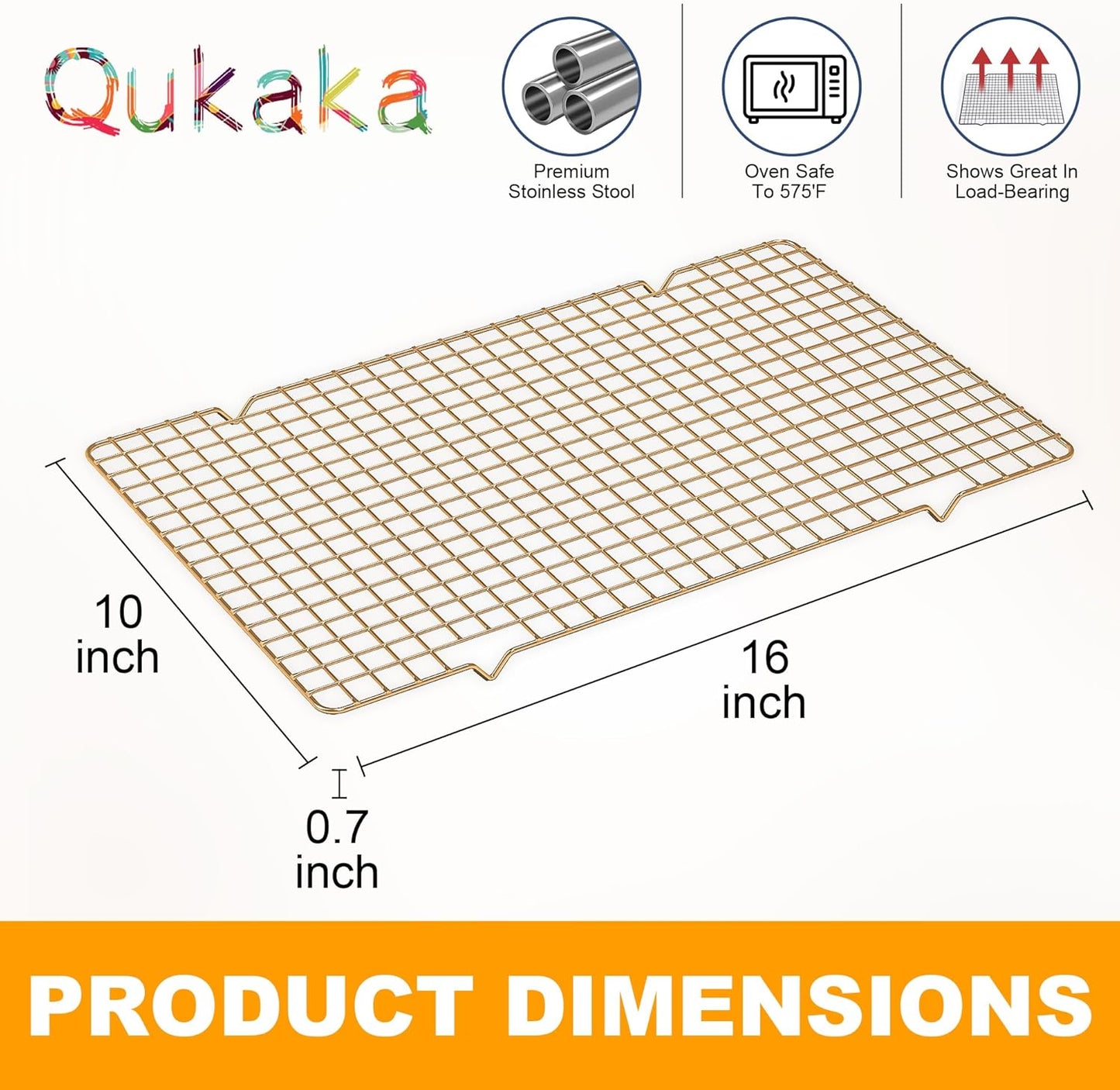 2PCS Cooling Racks for Cooking and Baking - 10" x 16"Heavy Duty Stainless Steel Wire Rack for Baking, Grilling, Roasting - Oven & Dishwasher Safe - Fits Half Sheet Pan（Gold）