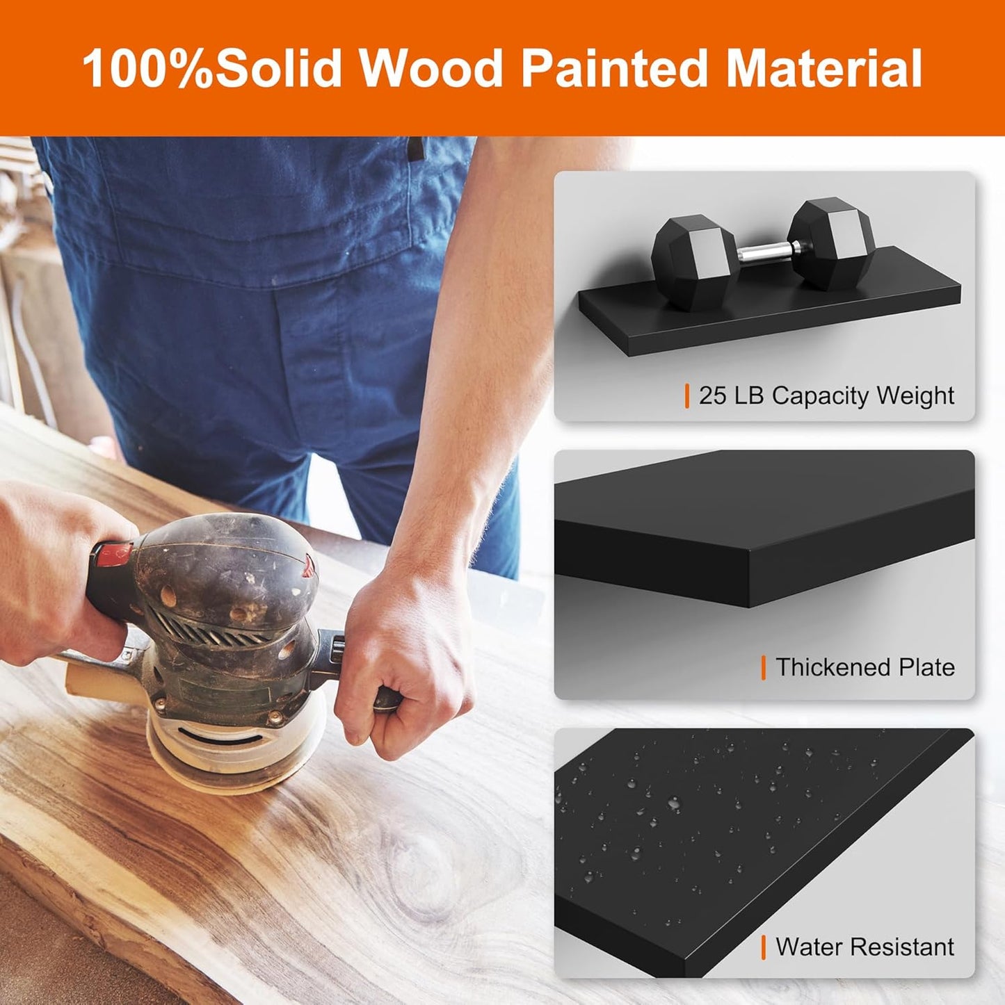 Floating Shelves Set of 3, Black Wood Wall Mounted Shelf 16" for Kitchen, Living Room, Bedroom, Bathroom Storage, Book Shelf, Home Decor, Frame Display