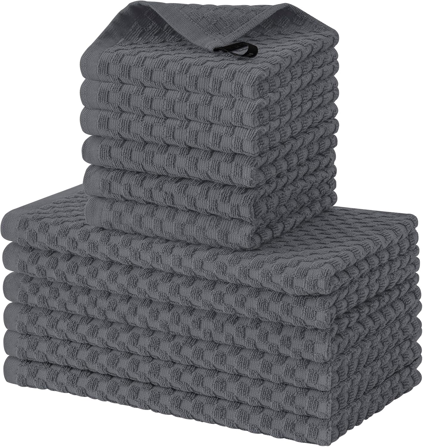 Fintale 100% Cotton Kitchen Towels and Dishcloths Set, 12 x 12 & 15 x 25 Inches, Set of 12 Bulk Super Soft and Absorbent Terry Cloth Dish Towels, Quick Drying Hand Towels with Hanging Loop, Dark Grey