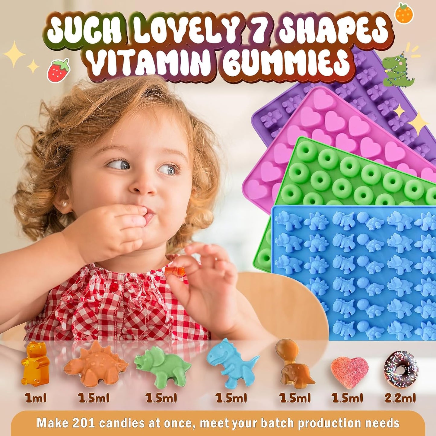 Gummy Bear Molds Silicone Mini Size, Non-stick Chocolate Candy Gummy Mould for Kid with 2 Droppers Including Dinosaur, Bear, Hearts and Donut Shape 201 Cavities