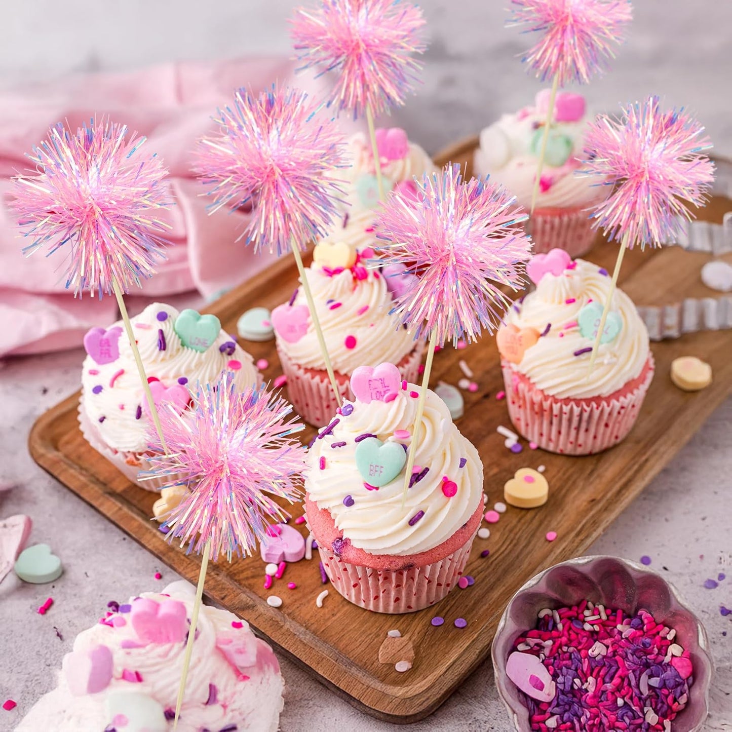 Ephlyn 30Pcs Foil Firework Cupcake Toppers Sparkle Tinsel Cupcake Picks Happy Birthday Cake Toppers Drink Cocktail Food Fruit Toothpicks for Baby Shower Birthday Party Supplies Pink