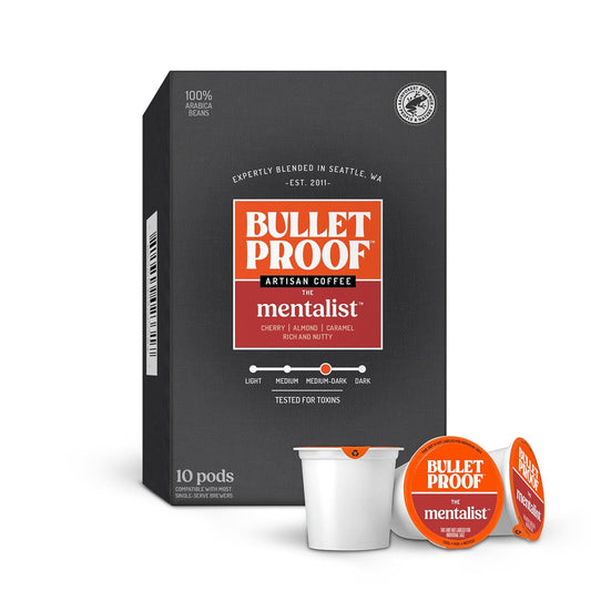 Bulletproof The Mentalist Medium-Dark Roast Single-Serve Pods, 10 Count, 100% Arabica Beans, Clean Coffee Tested for Toxins, Packaging May Vary