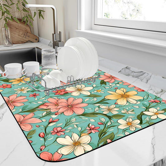Dish Drying Mat Spring Flower Kitchen Mat 12"x19" Bsorbent Coffee Maker Mat for Dishes,Utensils Coffee Maker Pots and Pans Easy Clean Dish Slip Resistant Pad