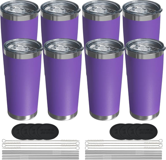 Travel Coffee Tumbler 20oz, 8 Pack Leakproof Travel Coffee Mug with Lid and Straw, Stainless Steel Double Wall Vacuum Insulated Tumbler for Hot/Iced Drinks (Textured Matte, Purple)