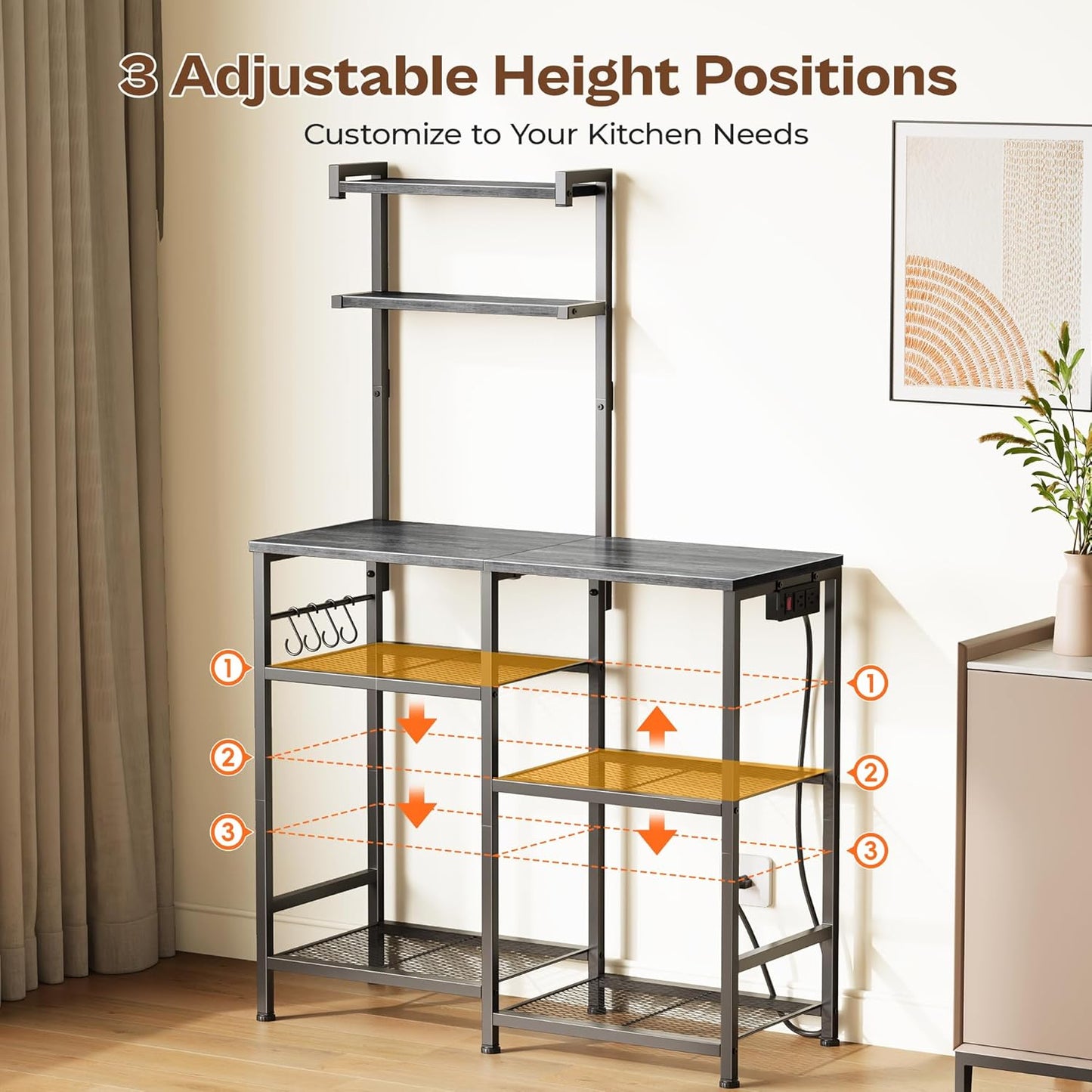 Huuger 31.5 Inch Bakers Rack with Power Outlets, Kitchen Microwave Stand with Storage, Coffee Bar with 4 Hooks, 3-Level Height Open Shelves, Grey