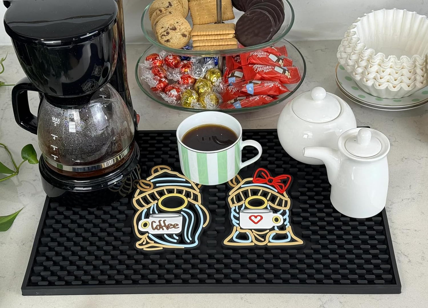 Coffee Bar Mat for Countertop, Large 18x12 Cute Gnome Coffee Mat, Kitchen Decor and Accessories Bar Sign, Durable Kitchen Mats Accessories, Funny Gnomes Signs for Station, Gnomes Decorations for Home