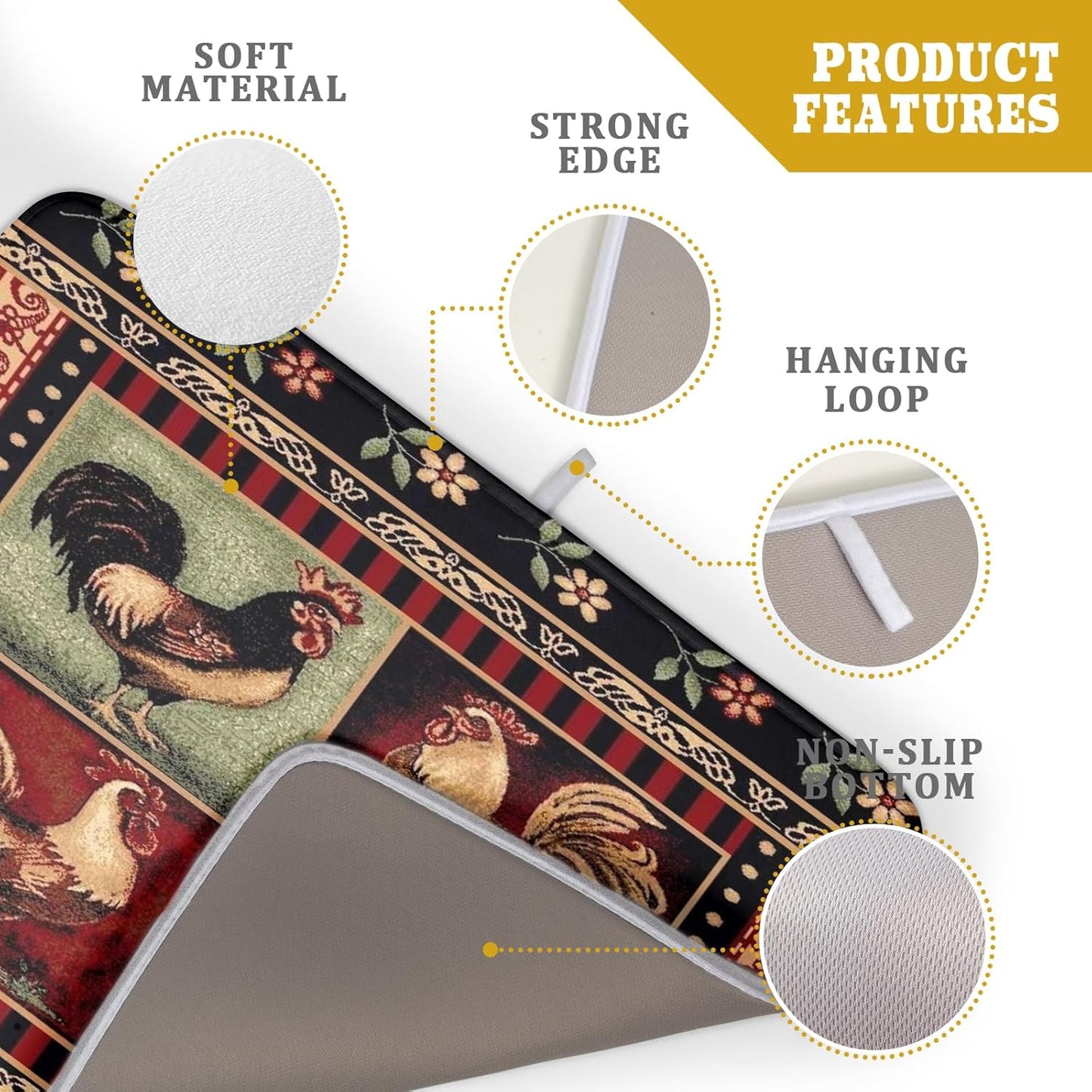 Farmhouse Rooster Dish Drying Mat 18 x 24 Inch Vintage Chicken Flower Absorbent Microfiber Dish Drying Pad Western Country Cabin Decor Dish Drainer Large Mat for Kitchen Counter Coffee Bar