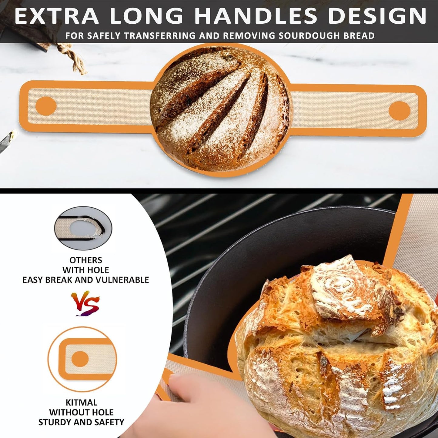 Silicone Bread Sling Oval and Round for Dutch Oven, KITMAL Non Stick Reusable Silicone Baking Mat with Long Handles Sourdough Bread Baking Supplies and Making Tools, Orange