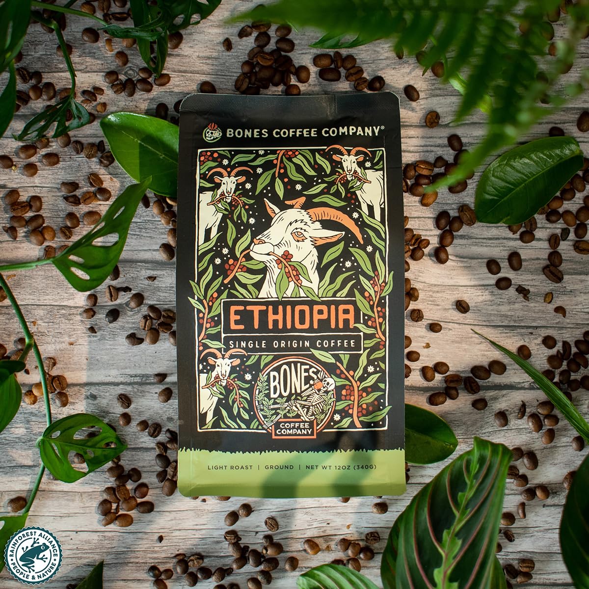 Bones Coffee Company Ethiopia Single-Origin, Citrus, Floral and Berries Notes, Ground Coffee Beans, Low Acid Light Roast Arabica Beans Flavored Coffee, 12 oz Ground